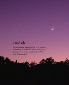 a purple sky with trees and a crescent in the distance, with a quote written on it