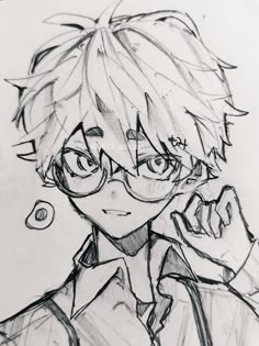 a pencil drawing of a boy with glasses and a jacket on holding a cell phone to his ear