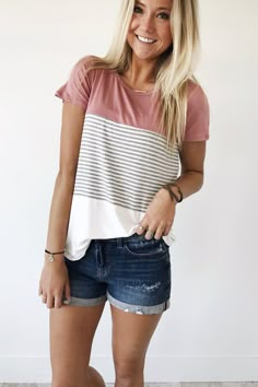 Stripe Color Block Tee | ROOLEE Look 80s, School Shorts, Casual Weekend Outfit, Color Block Tee, Soft Summer, Summer Fashion Trends, Summer Style Casual, Vintage Vogue, Inspired Outfits