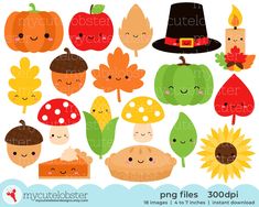 pumpkins, mushrooms and leaves with faces in the fall season clipart for commercial use