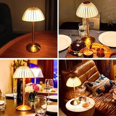 four different views of a table with plates and glasses on it, including a lamp