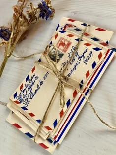 two envelopes tied up with twine and some dried flowers on a white table