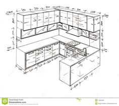 a drawing of an office desk with drawers and cabinets