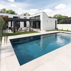 a large swimming pool in front of a house