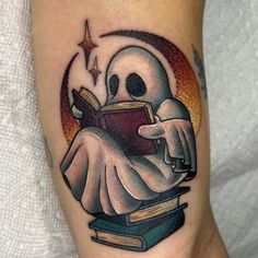 Black Witch Tattoo Ideas, Moon Halloween Tattoo, Spooky Bookish Tattoos, Cute Autumn Tattoos, Ghost With Guitar Tattoo, Simple Halloween Tattoo Ideas, Halloween Book Tattoo, Book Tattoo Color