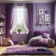 a bedroom with purple walls and curtains in the window sill is decorated with fluffy fur rugs