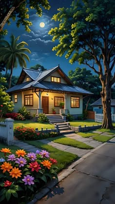 a painting of a house at night with flowers in the foreground