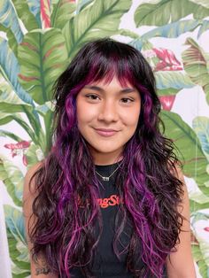 Purple pink money piece shag cut with lots of layets Bottom Hair Color Ideas, Black Money Piece Hair On Brown Hair, Hair Color Around The Face, Oil Slick Money Piece Hair, Artistic Hair Color, Bangs Colored Hair, Curly Hair Two Colors, Colorful Curly Hair Ideas, Hidden Streaks In Hair