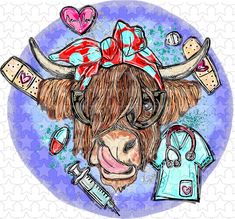 a cow with glasses and a bow on it's head is surrounded by medical items