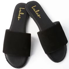 Lulus Addison Black Nubuck Slide Sandals Nwt Soft Vegan Nubuck Shapes A Wide Toe Band Atop A Peep-Toe Upper. Easy To Wear Slide-On-Design. 0.25" Rubber Heel. Lightly Cushioned Insole. Nonskid Rubber Sole. All Vegan Friendly, Man Made Materials. Kasut Pengantin, Hak Tinggi, Black Suede Flats, Vegan Sandals, Suede Slides, Best Things In Life, Black Slides, Sandal Heels, Suede Flats