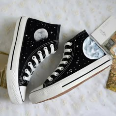 Harajuku cosmic moon painted shoes · Harajuku fashion · Online Store Powered by Storenvy Trendy Black Canvas Shoes With Speckled Midsole, Black Canvas Shoes With Speckled Midsole For Spring, Moon Shoes, Moon In The Sky, Loafers Outfit, Tennis Shoes Outfit, Prom Shoes, Shoe Art, Converse Sneakers