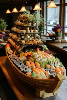 a boat filled with lots of different types of sushi and other foods on it