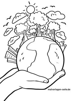 a hand holding a small earth with trees on it and clouds in the sky above