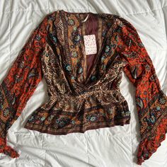 Nwt Free People Size: Xs Color: Red Combo Red Bohemian Tops For Fall, Vintage Boho Print Top For Fall, Chic Red Printed Tops, Red Floral Print Tops For Fall, Fitted Boho Print Tops For Fall, Red Vintage Tops For Fall, Brown Boho Print Tops For Fall, Vintage Long Sleeve Tops With Boho Print, Fall Vintage Boho Print Tops