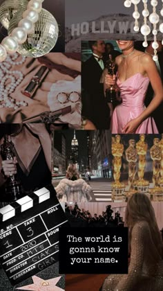 a collage of photos with the words hollywood written on them and pictures of people in formal wear