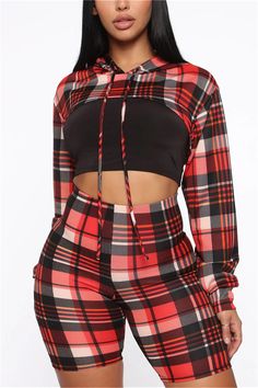 Stephanie Rao, Fashion Nova Outfits, High Waist Fashion, 3d Hoodie, Casual Stripes, Short Set, Plaid Print, Fit Inspo, Red Fashion