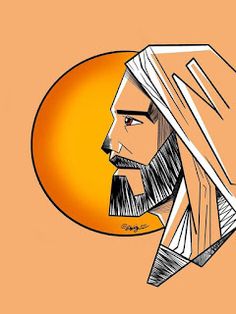 a drawing of a man with long hair and beard in front of an orange background