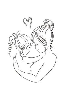 a mother holding her child in her arms with hearts flying around them, outline drawing