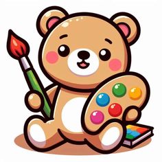 a brown teddy bear holding a paintbrush and an artist's palette in its paws