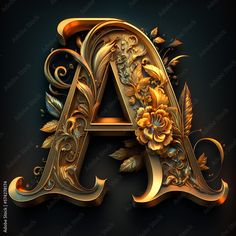 an ornate gold letter with flowers and leaves on it's sides, against a black background