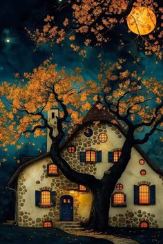 a painting of a house with a tree in the foreground and a full moon above it