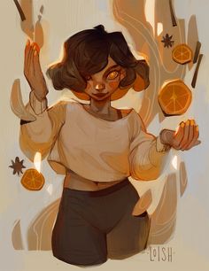 a drawing of a woman holding oranges in her hands