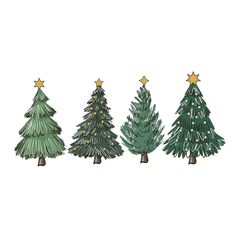 three christmas trees with gold stars in the top and bottom, all lined up against a white background