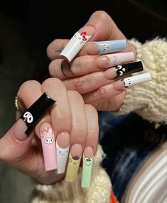 French Tip Set, Nails Sanrio, Sanrio Nails, Tapered Square Nails, Punk Nails, Anime Nails, Grunge Nails, Hello Kitty Nails, Acrylic Nails Coffin Pink