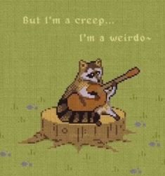 a cross - stitch picture of a raccoon playing the guitar on a log