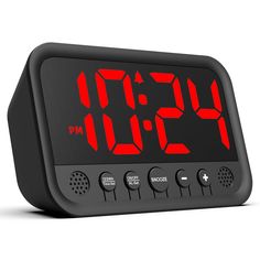 an alarm clock with red numbers on the front and back sides is shown in black