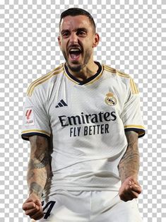 a man with tattoos on his face and chest, wearing a white jersey that says emiratess fly better