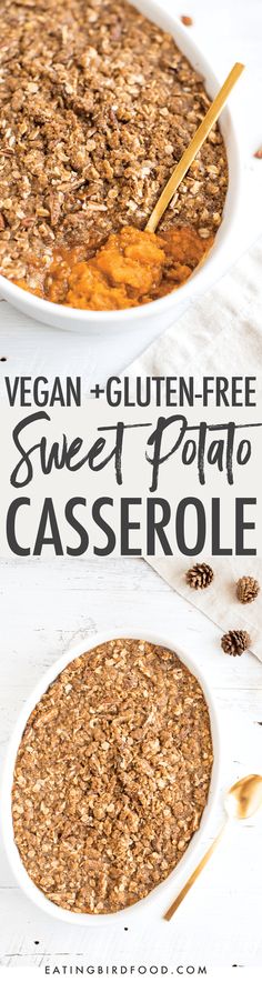 vegan and gluten - free sweet potato casserole in a white bowl