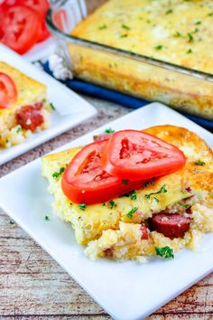 two square plates with food on them, one has tomato and the other has cheese