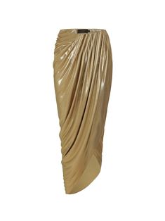 The Amina Skirt is a bold reimagining of traditional tailoring, combining sculptural elegance with fluid modernity. It’s an exquisite statement piece that embodies the brand's commitment to luxury and innovative design. Overall, this gold skirt from NJ is a masterful blend of classic elegance and contemporary design. I Formal Pre-draped Flowy Skirt, Pre-draped Asymmetrical Skirt For Evening, Chic Draped Skirt For Formal Occasions, Silk Draped Skirt For Party With Traditional Drape, Silk Draped Skirt With Traditional Drape For Party, Elegant Silk Bottoms For Festive Season, Elegant Draped Pleated Skirt, Elegant Draped Lined Skirt, Chic Draped Lined Skirt