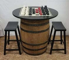 Whiskey Barrel c/36 Checker Board Table Top-Checkers-Chess-(2) 24 Bar Stools - Aunt Molly's Barrel Products Basement Game Room Ideas, Checkerboard Table, Garage Game Rooms, Saddle Bar Stools, Small Game Rooms, Basement Games, Pool Table Room, Family Room Remodel, Basement Redo