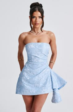 Elodie Playsuit - Blue – BABYBOO Mini Dresses Prom, Semi Formal Dresses Mini, Formal Short Dresses For Women, Mermaid Mini Dress, Hoco Dress Blue, Playful Blue Mini Dress, Elegant Blue Mini Corset Dress, Formal Dresses Mini, Blue Strapless Mini Dress With Corset Back