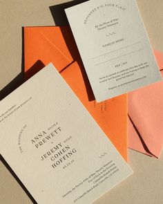 three different types of wedding cards are laying on top of each other, one is orange and the other is pink