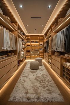 a walk - in closet with lots of drawers and lights on the ceiling, carpeted floor