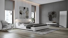 a modern bedroom with grey walls and white furniture