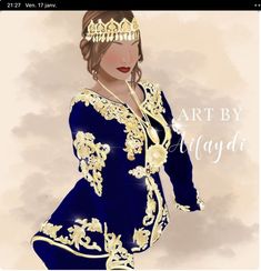 a digital painting of a woman wearing a blue dress with gold trims and a tiara