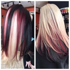 Raspberry Sundae Hair, Red Black And Blonde Hair Color Ideas, Red Blond And Black Hair, Blonde Red Black Hair, Black White And Red Hair, Pink Blonde And Black Hair, Blonde Black And Red Hair, Black Red Blonde Hair, Red Black Blonde Hair