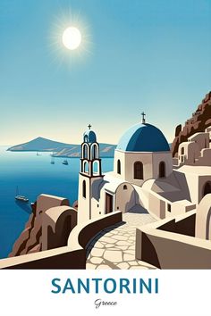 the sun shines brightly over an island with white buildings and blue domes