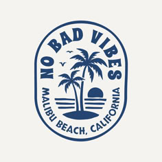 the no bad vibes logo is shown in blue on a white background with palm trees