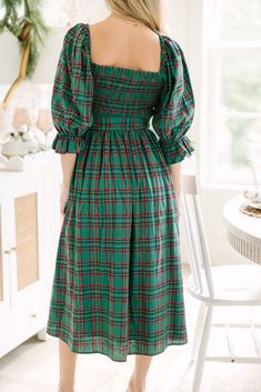 All I want for you is to be able to check out this adorable midi dress! It's so feminine and that tartan plaid print is absolutely perfect for the holiday season! This midi dress is going to look so good with heels or booties for any holiday party! Square neckline Smocked bust 3/4 sleeves with elastic cuffs Tied sash waist Plaid print No stretch however the smocking extends the bust *Plaid Colors: green, blue, red, yellow, white. Baileigh is wearing the small. Fitted Plaid Holiday Dress, Fitted Plaid Dress For Holiday, Fall Holiday Midi Dress, Plaid Fitted Knee-length Midi Dress, Chic Knee-length Plaid Dress, Chic Plaid Midi Dress, Chic Fall Holiday Midi Dress, Casual Plaid Midi Length Dress, Chic Holiday Midi Dress For Fall