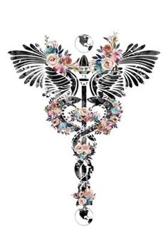 a drawing of a medical symbol with flowers on it's side and an arrow in the middle