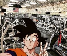 an image of a man doing the vulcan sign in front of a gym full of exercise equipment