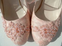 "Blush embellished lace wedding shoes for bride and bridesmaids, with pearls and ribbons. Fairy tale weddings or vintage weddings, these shoes compliment your wedding theme beautifully! Custom wedding gift, personalized engagement gift. Blush pink bridal shoes are designed with embroidered lace. Glass beads, shiny sequins and small pearls are used on the embroidery. Organza ribbons tie on the front. Custom details can be added on this design, soles can be personalized with your names and wedding Luxury Pink Wedding Shoes With Round Toe, Pink Wedding Bags With Pearl Embroidery, Lace-up Pink Wedding Shoes, Cream Lace Wedding Shoes, Blush Bridal Shoes, Pink Lace Fabric With Pearl Embroidery, Pink Bridal Shoes, Personalized Engagement Gifts, Wedding Shoes Lace