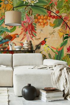 Image of a Tropical Summer Garden Wallpaper Jungle Landscape, Parrot Wallpaper, Colorful Lizards, Paradise Wallpaper, Paradise Flowers, Floral Pattern Wallpaper, Vintage Parrot, 4 Wallpaper, Colorful Parrots