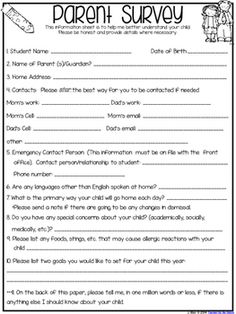 the parent survey worksheet for parents to help them understand their child's needs