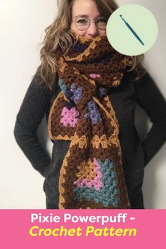 a woman wearing a brown scarf with flowers on it and the words pixie powerpuff - hobbi plus opskiti